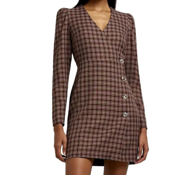 NWT River Island Check Wrap Blazer Dress Women's Heart Buttons Brown Size 12 - Picture 1 of 7